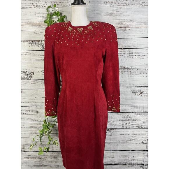 Pia Rucci Vintage Red Leather Dress size 12 Gold Studs 80's Dynasty Christmas - Picture 3 of 16